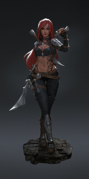 Anime picture 499x1000 with league of legends katarina (league of legends) moonlightorange single long hair tall image looking at viewer breasts simple background smile red eyes holding red hair bare belly tattoo facial mark black background eyebrows girl gloves