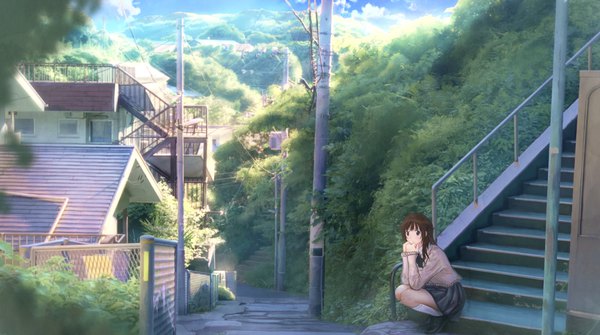 Anime picture 2012x1124 with amagami sakurai rihoko soraciel single long hair looking at viewer fringe highres brown hair wide image brown eyes sky cloud (clouds) full body bent knee (knees) outdoors pleated skirt squat mountain scenic