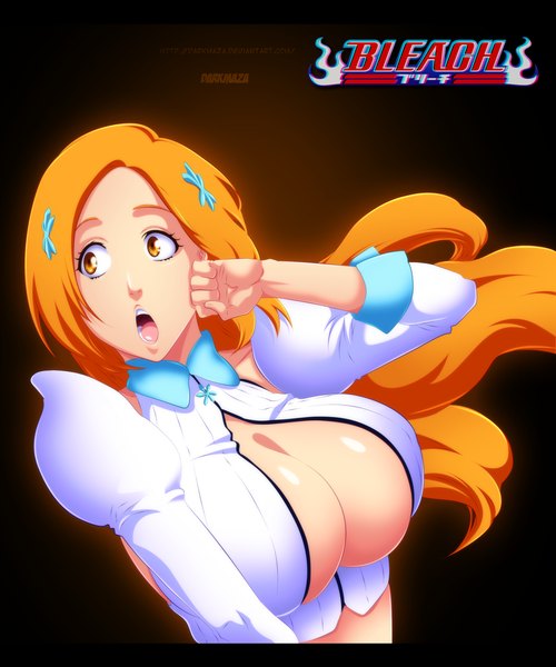 Anime picture 2000x2400 with bleach studio pierrot inoue orihime darkmaza single long hair tall image highres breasts open mouth light erotic large breasts orange hair inscription orange eyes coloring black background letterboxed girl