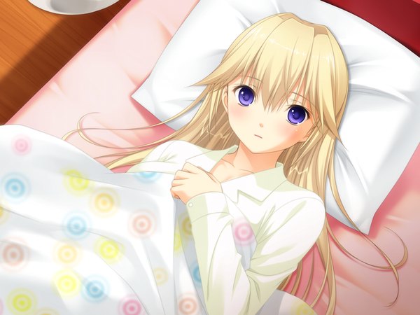 Anime picture 1024x768 with fluorite memories long hair blonde hair purple eyes game cg lying girl