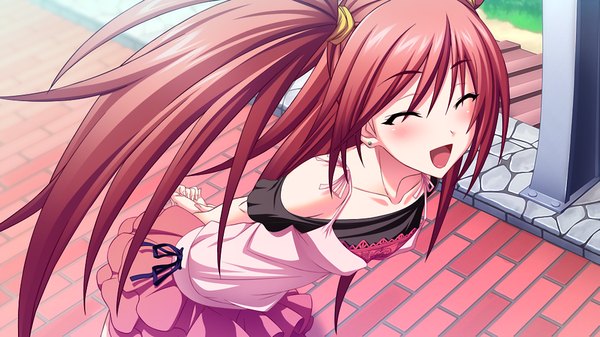 Anime picture 1000x563 with tsujidou-san no junai road tagme (character) long hair blush open mouth wide image twintails game cg red hair eyes closed ^ ^ ^o^ girl dress