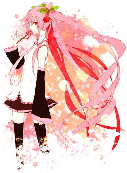 Anime picture 1100x1501 with vocaloid hatsune miku sakura miku sss3 single tall image looking at viewer blush smile twintails bare shoulders pink hair very long hair profile girl thighhighs black thighhighs detached sleeves necktie food