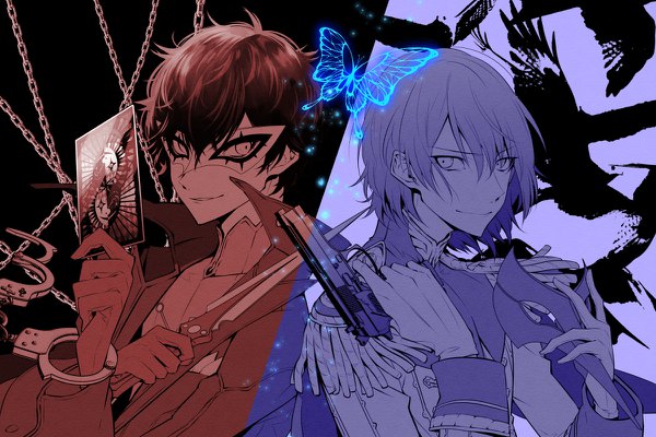 Anime-Bild 1200x800 mit persona 5 persona amamiya ren akechi gorou yuu (isis7796) looking at viewer fringe short hair smile hair between eyes upper body multiple boys partially colored boy gloves weapon gun insect butterfly chain