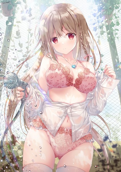 Anime-Bild 1768x2500 mit twinbox school maeda shiori sousouman single long hair tall image looking at viewer blush fringe highres breasts light erotic smile hair between eyes red eyes brown hair large breasts standing holding outdoors