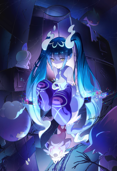 Anime picture 3147x4608 with pokemon vocaloid nintendo project voltage hatsune miku mismagius drifloon ghost miku (project voltage) litwick banette hisuian zorua zutto (dfvn7377) single long hair tall image fringe highres hair between eyes twintails yellow eyes