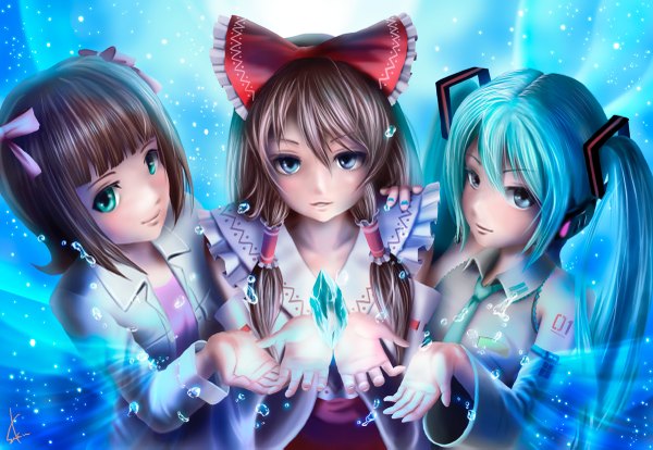 Anime picture 1200x829 with idolmaster idolmaster (classic) touhou vocaloid hatsune miku hakurei reimu amami haruka saku crossover girl saku (saku9595)