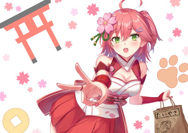 Anime picture 2935x2088 with virtual youtuber hololive sakura miko sakura miko (old design) gohei (aoi yuugure) single looking at viewer blush fringe highres short hair open mouth hair between eyes standing bare shoulders holding green eyes cleavage ahoge red hair