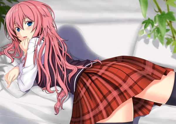 Anime picture 1920x1357 with vocaloid megurine luka lemoo single long hair blush highres blue eyes light erotic pink hair girl skirt uniform school uniform miniskirt couch