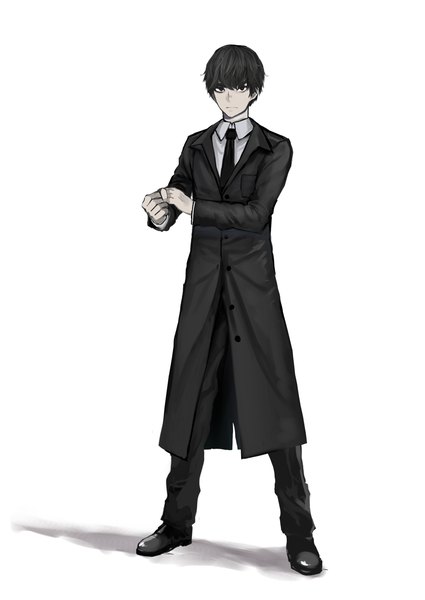 Anime picture 2123x3000 with original mek single tall image looking at viewer fringe highres short hair black hair simple background hair between eyes red eyes standing white background full body boy uniform necktie shoes pants