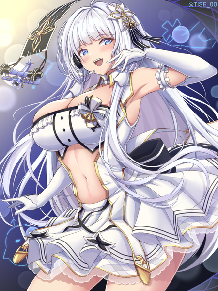 Anime picture 1668x2224 with azur lane illustrious (azur lane) illustrious (muse) (azur lane) rikiddo (tise 00) single long hair tall image looking at viewer blush fringe breasts open mouth blue eyes light erotic smile large breasts standing signed cleavage silver hair