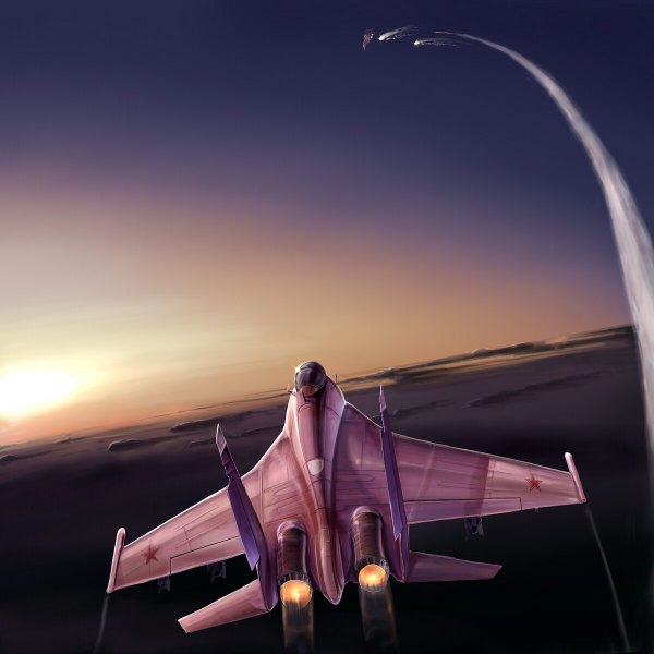 Anime picture 1200x1200 with original kcme sky cloud (clouds) horizon flying battle weapon airplane jet su-27