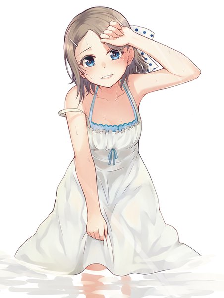 Anime picture 1015x1345 with love live! sunshine!! sunrise (studio) love live! watanabe you nanotsuki single tall image looking at viewer short hair blue eyes simple background brown hair white background parted lips leaning leaning forward partially submerged strap slip hand on head polka dot