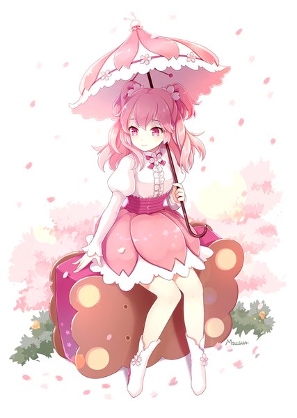 Anime picture 640x900 with cookie run cherry blossom cookie millgua single long hair tall image blush sitting twintails pink hair pink eyes light smile girl dress petals umbrella