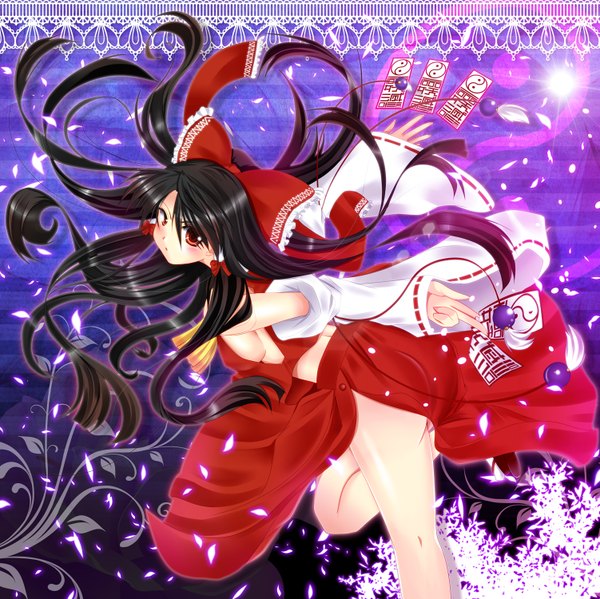 Anime picture 1502x1500 with touhou hakurei reimu fule blush light erotic black hair red eyes girl skirt skirt set