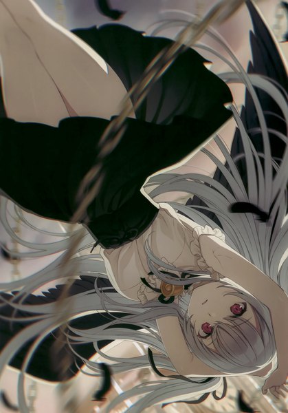 Anime picture 2387x3421 with original yashiro seika single long hair tall image looking at viewer fringe highres open mouth hair between eyes red eyes silver hair wind blurry scan arms up armpit (armpits) sleeveless black wings upside down