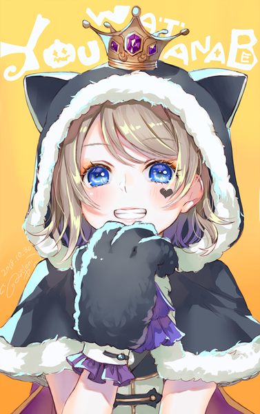Anime picture 700x1112 with love live! sunshine!! sunrise (studio) love live! watanabe you ao+beni single tall image looking at viewer blush fringe short hair blue eyes simple background smile signed payot upper body grey hair fur trim character names