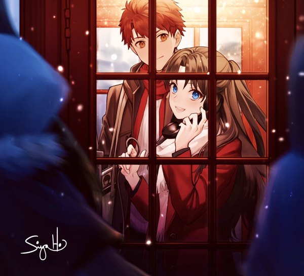 Anime picture 1024x930 with fate (series) fate/stay night lord el-melloi ii case files toosaka rin emiya shirou siya ho long hair looking at viewer fringe short hair open mouth blue eyes smile brown hair standing holding brown eyes payot upper body :d