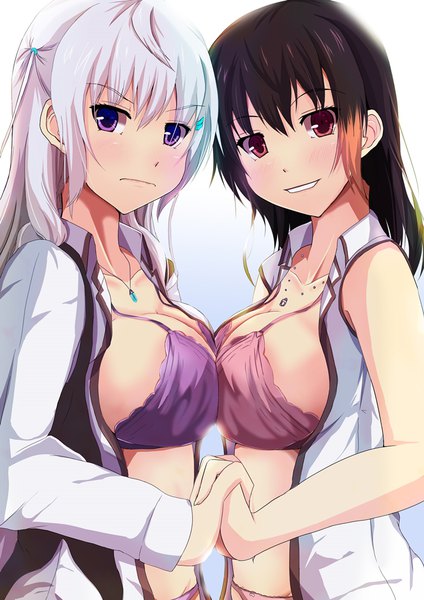 Anime picture 724x1024 with original kanzaki kureha long hair tall image looking at viewer blush fringe breasts light erotic black hair smile hair between eyes red eyes large breasts purple eyes silver hair head tilt multicolored hair open shirt holding hands