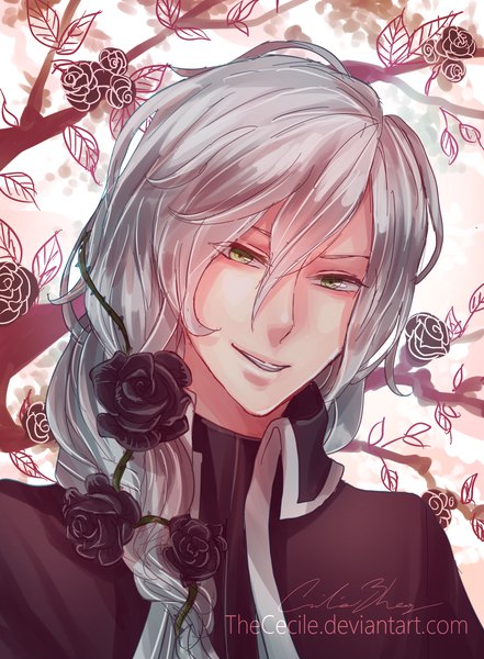 Anime picture 1471x2000 with original the cecile single long hair tall image looking at viewer fringe smile hair between eyes green eyes signed silver hair upper body blurry inscription portrait smirk boy flower (flowers) plant (plants)