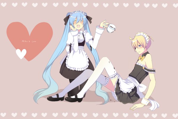 Anime picture 1200x800 with vocaloid hatsune miku kagamine len maid girl