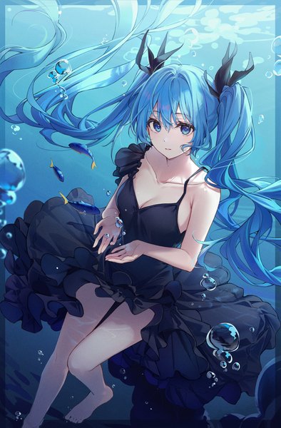Anime picture 1737x2642 with vocaloid shinkai shoujo (vocaloid) hatsune miku dangmyo single long hair tall image looking at viewer fringe highres breasts blue eyes hair between eyes twintails bare shoulders blue hair cleavage barefoot sleeveless floating hair