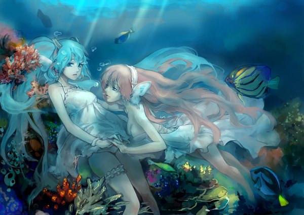 Anime picture 1734x1228 with vocaloid magnet (vocaloid) hatsune miku megurine luka amo11315 long hair highres open mouth light erotic twintails bare shoulders pink hair aqua eyes aqua hair underwater girl dress animal water bubble (bubbles)
