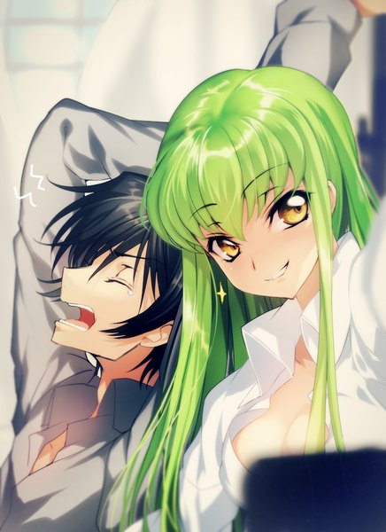 Anime picture 700x963 with code geass sunrise (studio) c.c. lelouch lamperouge creayus long hair tall image fringe short hair breasts open mouth black hair smile hair between eyes large breasts yellow eyes cleavage eyes closed profile green hair