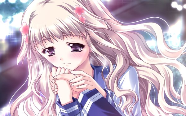 Anime picture 1024x640 with hatsukoi yohou (game) long hair blonde hair wide image game cg black eyes girl serafuku