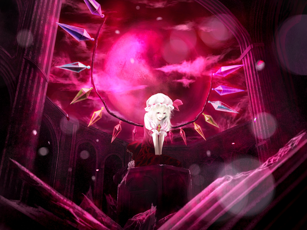 Anime picture 1600x1200 with touhou flandre scarlet akaikitsune single looking at viewer short hair red eyes sitting white hair lens flare ruins girl dress wings vest crystal pillar arch pedestal