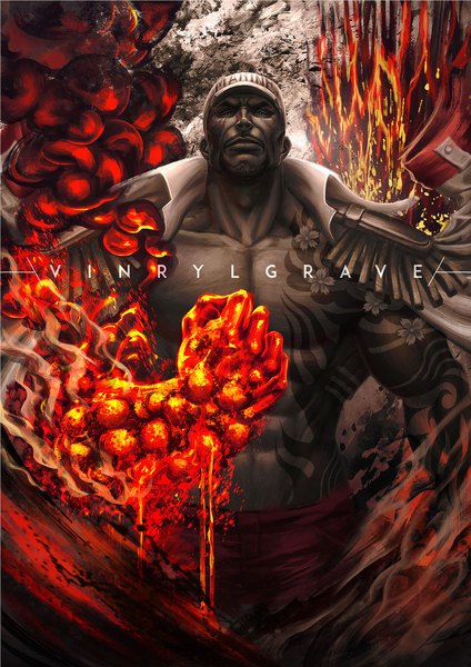 Anime picture 800x1132 with one piece toei animation sakazuki (akainu) vinrylgrave single tall image looking at viewer standing signed tattoo dark skin scar topless smoke muscle clothes on shoulders frown abs boy uniform