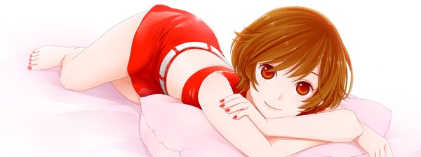 Anime picture 2000x750 with vocaloid meiko jirou (asami0512jump) single looking at viewer highres short hair red eyes brown hair wide image nail polish girl miniskirt pillow