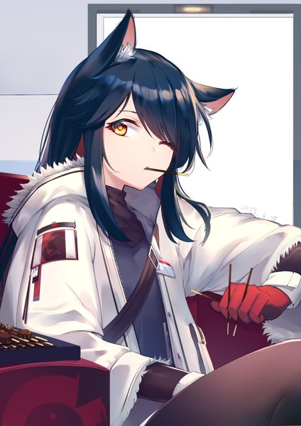 Anime picture 2480x3508 with arknights texas (arknights) baishang canzhuo single long hair tall image looking at viewer fringe highres black hair hair between eyes sitting animal ears yellow eyes payot one eye closed multicolored hair two-tone hair fur trim colored inner hair