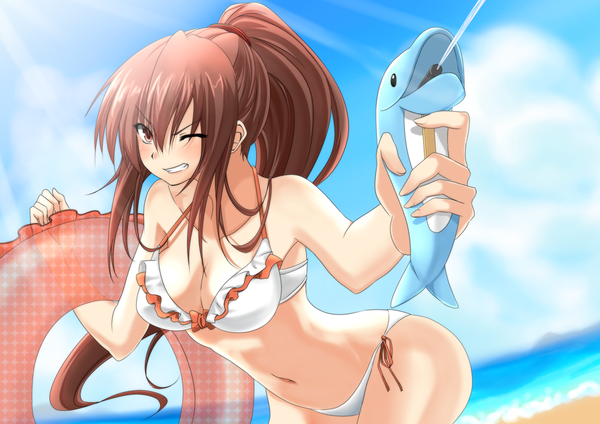 Anime picture 2480x1753 with kamo (yokaze) long hair highres light erotic brown hair brown eyes beach girl swimsuit bikini white bikini dolphin
