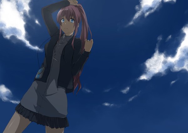 Anime picture 4677x3307 with vocaloid megurine luka single long hair looking at viewer fringe highres blue eyes pink hair absurdres sky cloud (clouds) ponytail adjusting hair evening sunset girl dress headphones