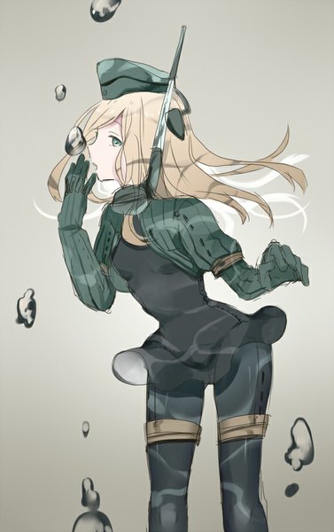 Anime picture 600x954 with kantai collection u-511 submarine sunagimomo single long hair tall image looking at viewer open mouth simple background blonde hair green eyes profile grey background underwater girl dress gloves elbow gloves black dress bubble (bubbles)