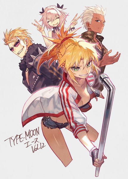 Anime picture 931x1300 with fate (series) fate/grand order fate/apocrypha archer (fate) mordred (fate) astolfo (fate) sakata kintoki (fate/grand order) sakata kintoki rider (fate/grand order) lack tall image looking at viewer short hair breasts blonde hair smile brown eyes green eyes white hair eyes closed grey background