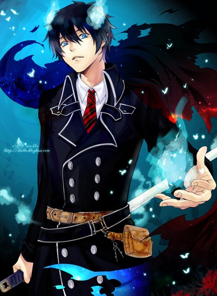 Anime picture 2200x3000 with ao no exorcist a-1 pictures okumura rin stells tall image highres short hair blue eyes black hair glowing boy sword necktie katana fire fanny pack key