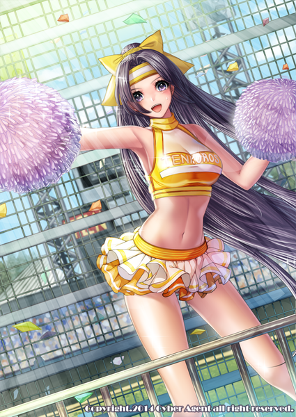 Anime picture 724x1023 with original garam single tall image looking at viewer open mouth black hair purple eyes bare shoulders very long hair cheerleader girl skirt navel bow hair bow miniskirt