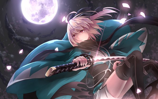 Anime picture 3200x2000 with fate (series) fate/grand order koha-ace okita souji (fate) (all) okita souji (koha-ace) bakanoe single highres short hair red eyes holding looking away pink hair ahoge bent knee (knees) traditional clothes japanese clothes wind night from below