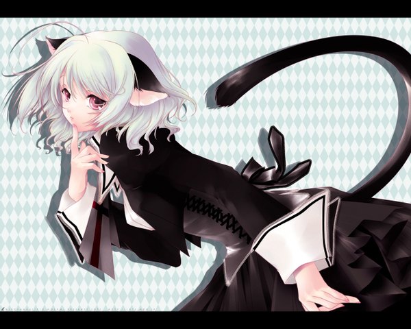 Anime picture 1280x1024 with original mogami rio single short hair animal ears silver hair ahoge tail animal tail pink eyes cat ears shadow cat girl cat tail leaning leaning forward finger to mouth letterboxed rhombus girl