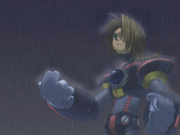 Anime picture 1024x768 with rockman rockman x axl (rockman) mri single short hair brown hair green eyes rain boy robot