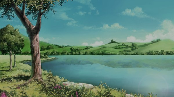 Anime picture 1024x576 with jesus 13th wide image game cg sky cloud (clouds) no people landscape river nature flower (flowers) plant (plants) tree (trees)