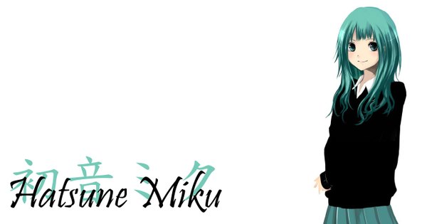 Anime picture 1368x720 with vocaloid hatsune miku single long hair looking at viewer simple background smile wide image white background aqua eyes aqua hair inscription girl