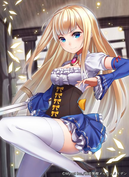 Anime picture 581x800 with original ray-akila single long hair tall image looking at viewer blush blue eyes blonde hair girl thighhighs dress weapon detached sleeves white thighhighs sword
