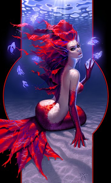 Anime picture 644x1055 with michelle hoefener single tall image looking at viewer breasts light erotic red eyes tail looking back lips pointy ears realistic back underwater sand fish tail mutation girl animal fish (fishes)