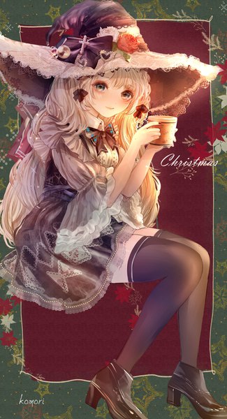 Anime picture 1624x3001 with original komirihikku single long hair tall image blue eyes smile white hair nail polish wide sleeves christmas witch girl thighhighs dress skirt black thighhighs hat bowtie witch hat