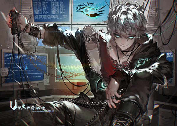 Anime picture 1024x726 with mystic messenger saeran choi kawacy single looking at viewer short hair smile sitting holding indoors nail polish head tilt aqua eyes fingernails grey hair open jacket tattoo outstretched arm glowing glowing eye (eyes)