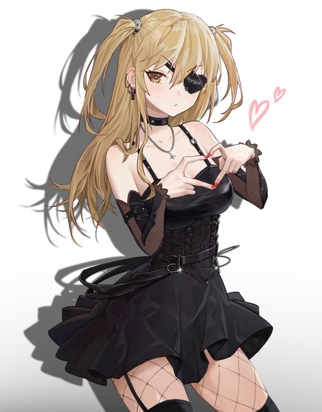 Anime picture 3000x3836 with death note madhouse amane misa sssong aa single long hair tall image looking at viewer highres blonde hair brown eyes nail polish shadow two side up piercing ear piercing red nail polish heart hands girl thighhighs