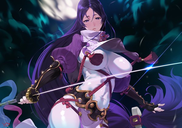 Anime picture 1700x1199 with fate (series) fate/grand order minamoto no raikou (fate) yd (orange maru) single looking at viewer fringe breasts light erotic hair between eyes large breasts purple eyes holding signed purple hair cloud (clouds) very long hair parted lips night from below