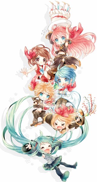 イラスト 1150x2150 と ボーカロイド 初音ミク 巡音ルカ 鏡音リン 鏡音レン kaito (vocaloid) meiko niwako 長身像 赤面 短い髪 開いた口 青い目 simple background 金髪 茶色の髪 白背景 ツインテール multiple girls 茶目